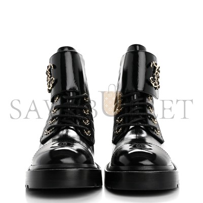 CHANEL SHINY CALFSKIN QUILTED LACE UP COMBAT BOOTS G36424
